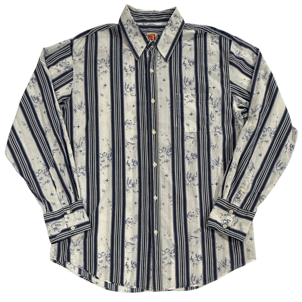 Edge Mens XL Long Sleeve Button Down Shirt Navy Blue White 100% Cotton M149